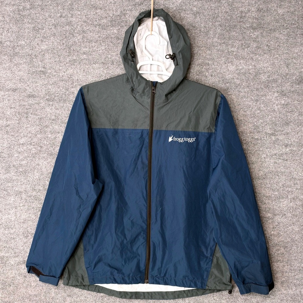 Frogg Toggs Mens Rain Jacket Blue Grey Colorblock Hooded Full Zip Size Medium